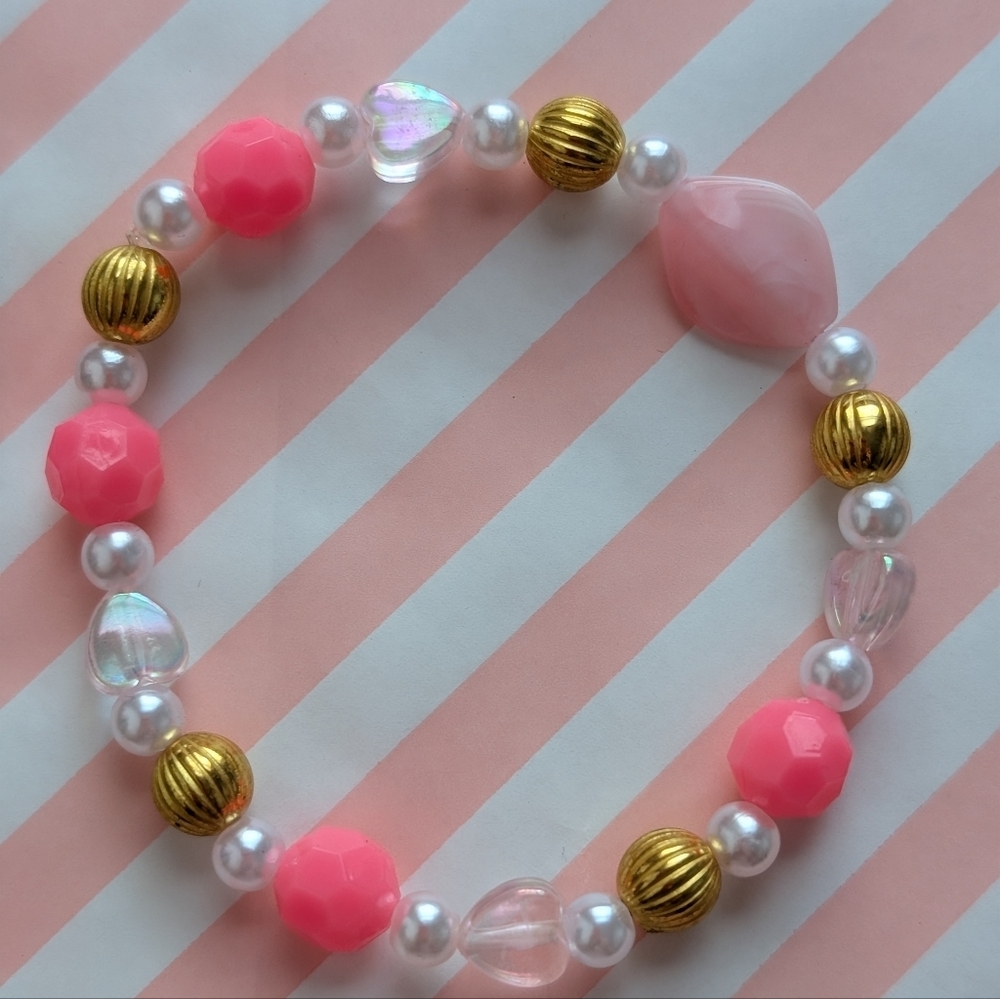 Pink and Gold Beaded Stretch Bracelet - Picture 3 of 4